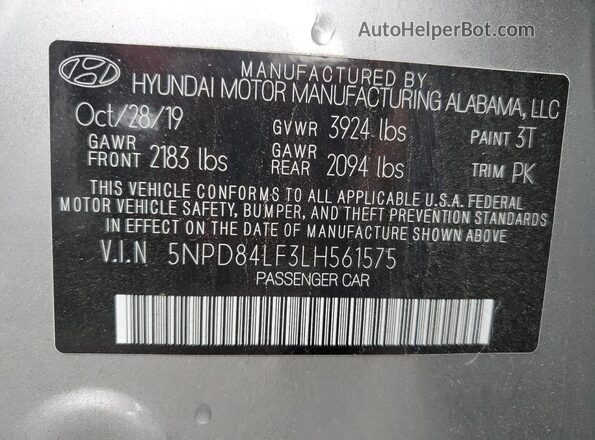 5NPD84LF3LH561575 2020 HYUNDAI ELANTRA Silver Engine compartment view
