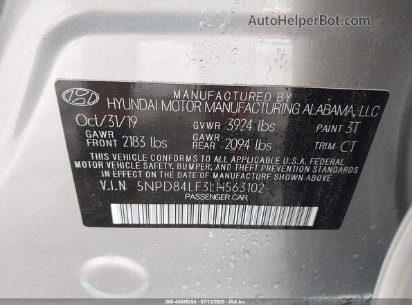 5NPD84LF3LH563102 2020 HYUNDAI ELANTRA Silver Vista del compartimento del motor