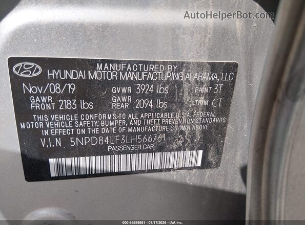 5NPD84LF3LH566761 2020 HYUNDAI ELANTRA Silver Շարժիչի բաժամունքի տեսք