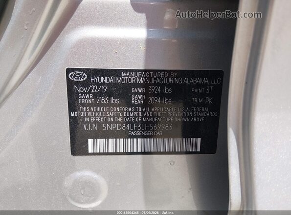 5NPD84LF3LH569983 2020 HYUNDAI ELANTRA Silver Շարժիչի բաժամունքի տեսք