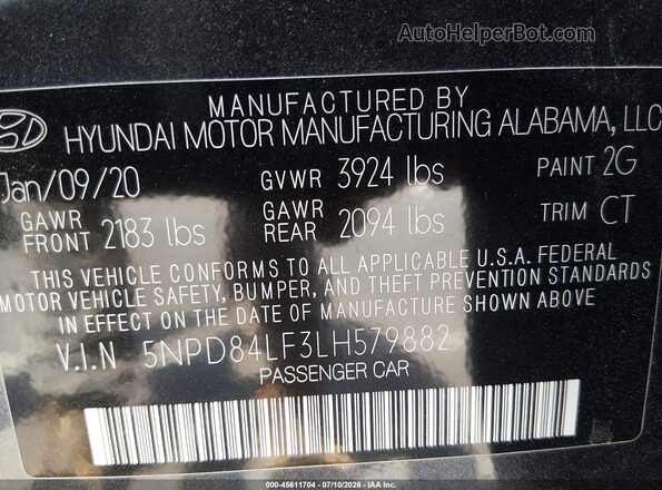 5NPD84LF3LH579882 2020 HYUNDAI ELANTRA Gray Շարժիչի բաժամունքի տեսք