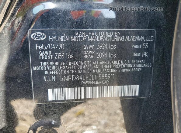 5NPD84LF3LH585911 2020 HYUNDAI ELANTRA Black ძრავის განყოფილების ხედი