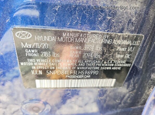 5NPD84LF3LH596990 2020 HYUNDAI ELANTRA Blue ძრავის განყოფილების ხედი