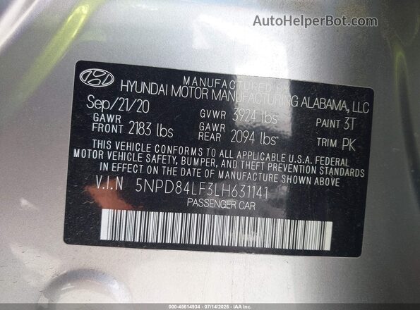5NPD84LF3LH631141 2020 HYUNDAI ELANTRA Silver Vista del compartimento del motor