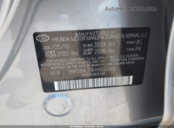 5NPD84LF4HH002169 2017 HYUNDAI ELANTRA Silver Engine compartment view