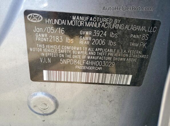 5NPD84LF4HH003029 2017 HYUNDAI ELANTRA Silver Вид наклейки з VIN-кодом