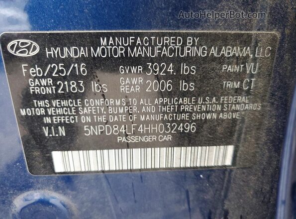 5NPD84LF4HH032496 2017 HYUNDAI ELANTRA Синий Вид подкапотного пространства