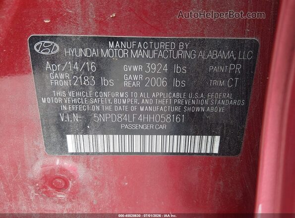 5NPD84LF4HH058161 2017 HYUNDAI ELANTRA Red Շարժիչի բաժամունքի տեսք
