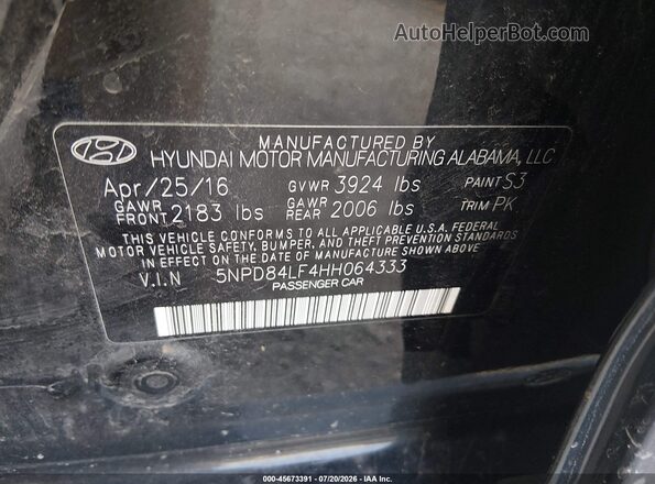 5NPD84LF4HH064333 2017 HYUNDAI ELANTRA Black Engine compartment view