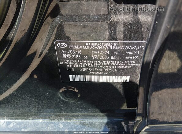 5NPD84LF4HH087904 2017 HYUNDAI ELANTRA Black Շարժիչի բաժամունքի տեսք