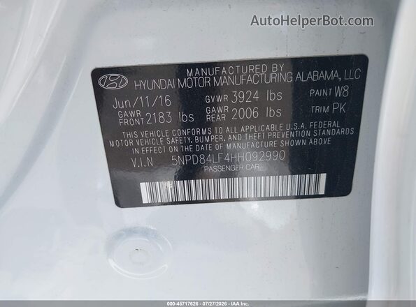 5NPD84LF4HH092990 2017 HYUNDAI ELANTRA White Vista del compartimento del motor