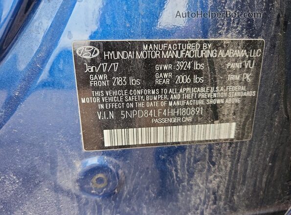 5NPD84LF4HH180891 2017 HYUNDAI ELANTRA Blue VIN sticker view