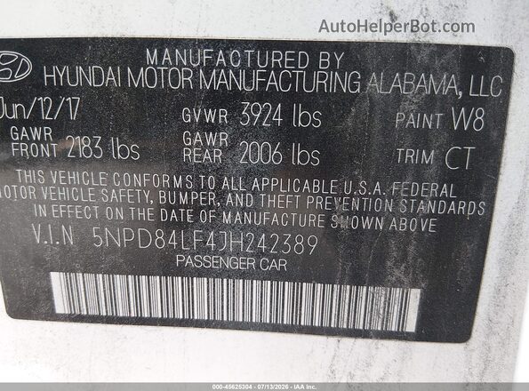 5NPD84LF4JH242389 2018 HYUNDAI ELANTRA White Engine compartment view