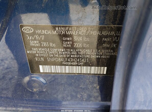 5NPD84LF4JH245423 2018 HYUNDAI ELANTRA Blue Շարժիչի բաժամունքի տեսք