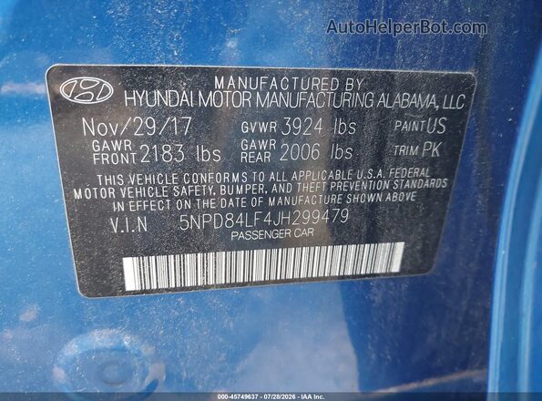 5NPD84LF4JH299479 2018 HYUNDAI ELANTRA Blue Vista del compartimento del motor