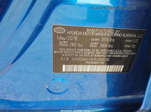 5NPD84LF4JH368218 2018 HYUNDAI ELANTRA Синий Вид подкапотного пространства