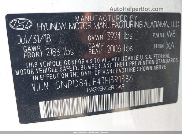 5NPD84LF4JH391336 2018 HYUNDAI ELANTRA Белый Вид подкапотного пространства