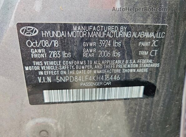 5NPD84LF4KH416446 2019 HYUNDAI ELANTRA Gray Widok komory silnika