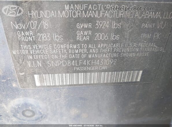 5NPD84LF4KH431092 2019 HYUNDAI ELANTRA Синий Вид подкапотного пространства