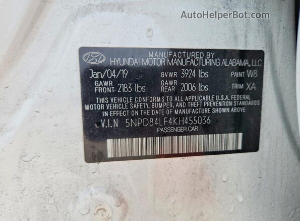 5NPD84LF4KH455036 2019 HYUNDAI ELANTRA White Widok naklejki z numerem VIN