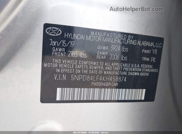5NPD84LF4KH458874 2019 HYUNDAI ELANTRA Silver Vista del compartimento del motor