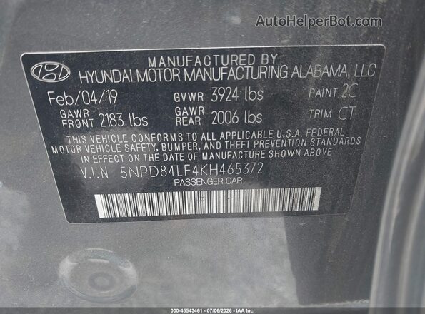 5NPD84LF4KH465372 2019 HYUNDAI ELANTRA Gray Engine compartment view