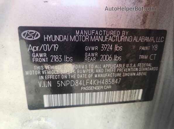 5NPD84LF4KH485847 2019 HYUNDAI ELANTRA Silver Vista de la etiqueta del VIN