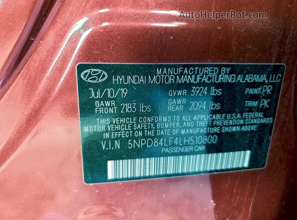 5NPD84LF4LH510800 2020 HYUNDAI ELANTRA Красный Вид подкапотного пространства