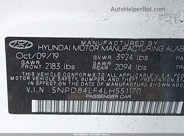 5NPD84LF4LH551170 2020 HYUNDAI ELANTRA White ძრავის განყოფილების ხედი