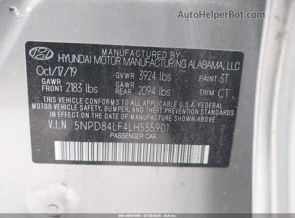 5NPD84LF4LH555901 2020 HYUNDAI ELANTRA Gray ძრავის განყოფილების ხედი