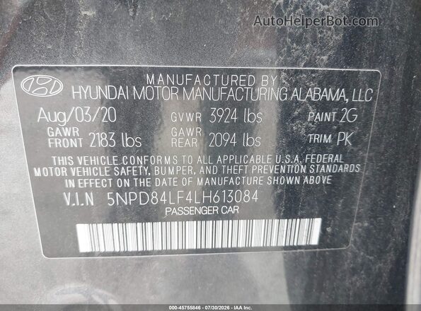 5NPD84LF4LH613084 2020 HYUNDAI ELANTRA Gray Vista del compartimento del motor