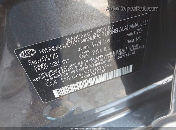 5NPD84LF4LH624294 2020 HYUNDAI ELANTRA Gray Widok komory silnika