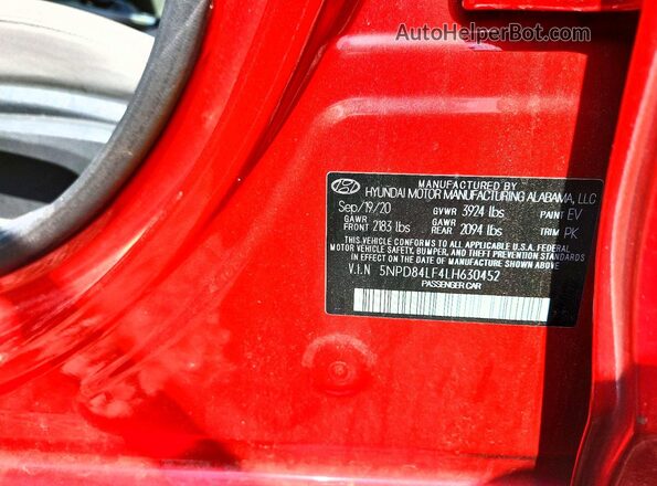 5NPD84LF4LH630452 2020 HYUNDAI ELANTRA Red Вид підкапотного простору
