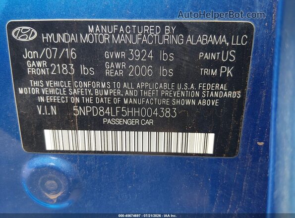 5NPD84LF5HH004383 2017 HYUNDAI ELANTRA Light Blue Вид підкапотного простору