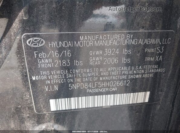 5NPD84LF5HH026612 2017 HYUNDAI ELANTRA Black Engine compartment view