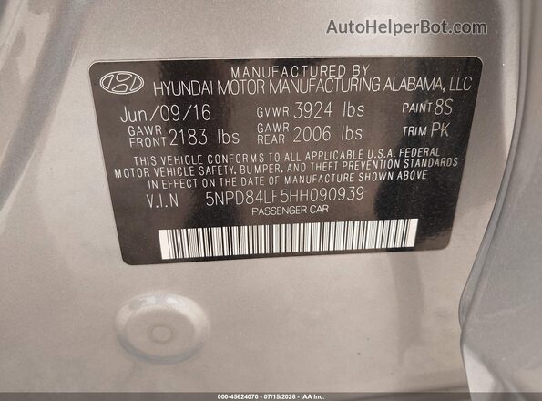 5NPD84LF5HH090939 2017 HYUNDAI ELANTRA Silver ძრავის განყოფილების ხედი