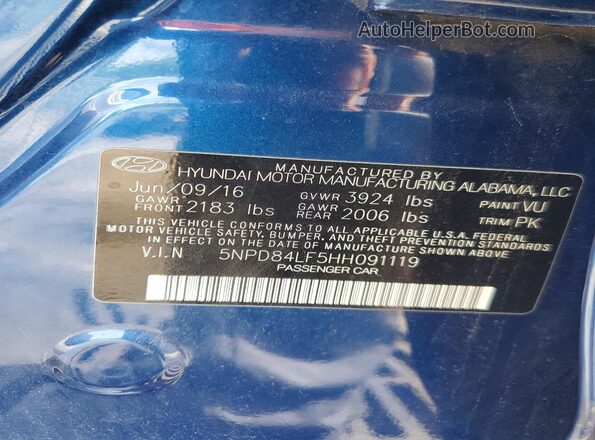 5NPD84LF5HH091119 2017 HYUNDAI ELANTRA Blue Вид підкапотного простору