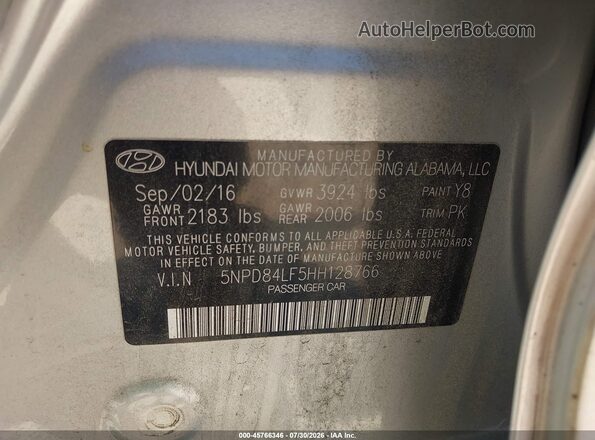 5NPD84LF5HH128766 2017 HYUNDAI ELANTRA Серебряный Вид подкапотного пространства