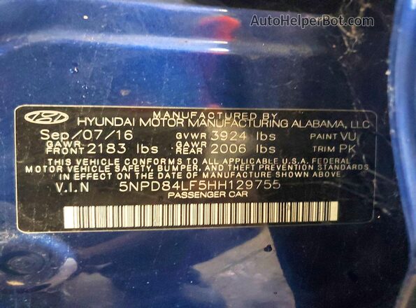 5NPD84LF5HH129755 2017 HYUNDAI ELANTRA Blue ძრავის განყოფილების ხედი