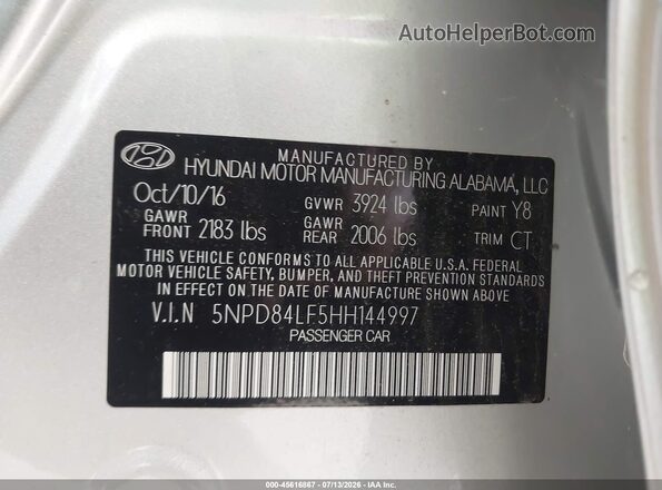 5NPD84LF5HH144997 2017 HYUNDAI ELANTRA Silver Engine compartment view