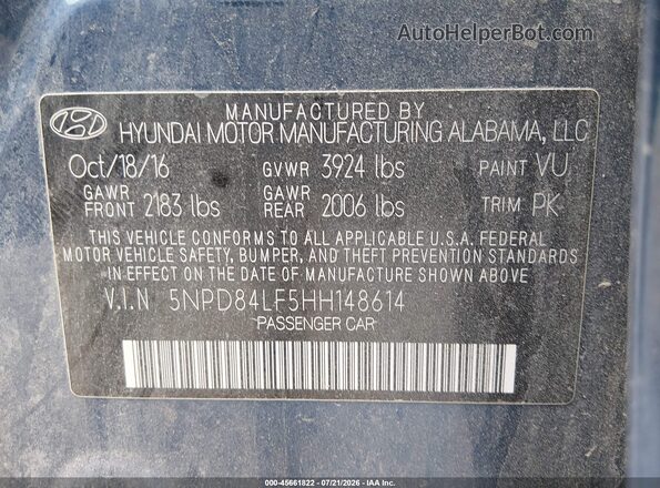 5NPD84LF5HH148614 2017 HYUNDAI ELANTRA Navy Вид подкапотного пространства