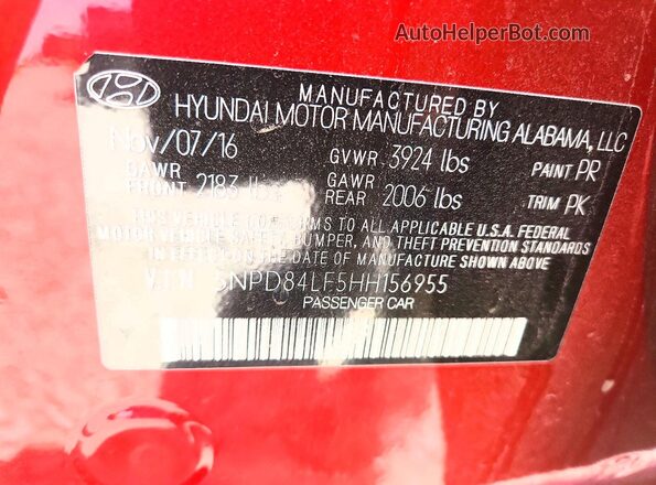 5NPD84LF5HH156955 2017 HYUNDAI ELANTRA Red Вид підкапотного простору
