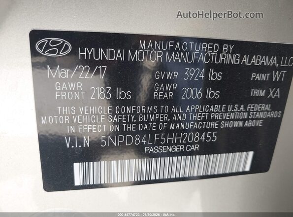 5NPD84LF5HH208455 2017 HYUNDAI ELANTRA Champagne Vista del compartimento del motor