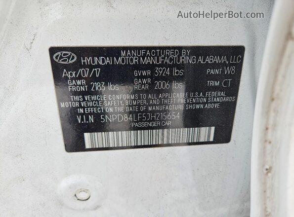 5NPD84LF5JH215654 2018 HYUNDAI ELANTRA White Вид наклейки з VIN-кодом