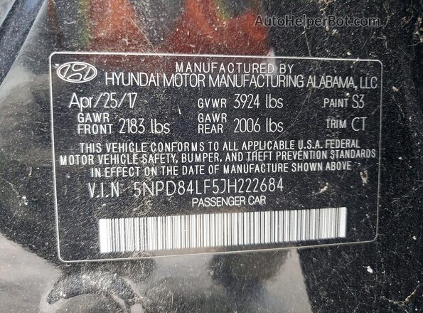 5NPD84LF5JH222684 2018 HYUNDAI ELANTRA Black VIN კოდის სტიკერის ხედი