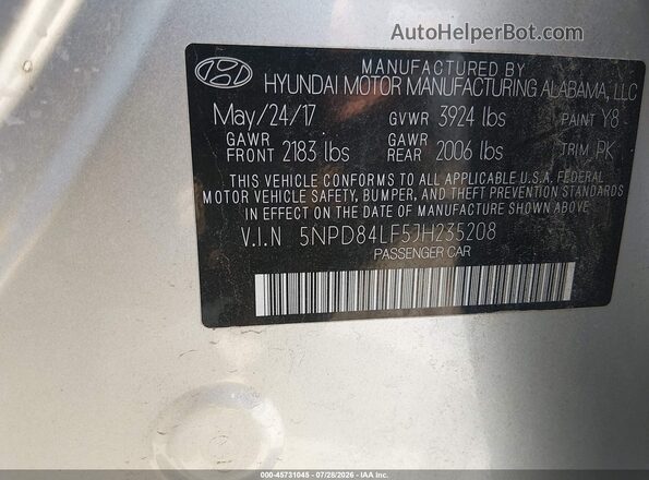 5NPD84LF5JH235208 2018 HYUNDAI ELANTRA Silver Вид підкапотного простору
