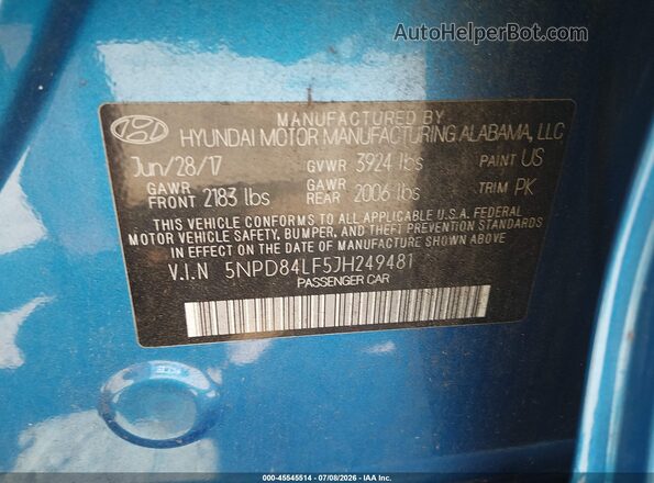 5NPD84LF5JH249481 2018 HYUNDAI ELANTRA Blue Widok komory silnika