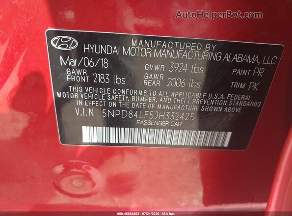 5NPD84LF5JH332425 2018 HYUNDAI ELANTRA Red Շարժիչի բաժամունքի տեսք