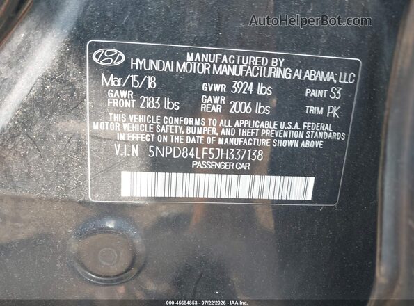 5NPD84LF5JH337138 2018 HYUNDAI ELANTRA Black Engine compartment view