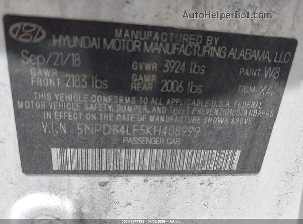 5NPD84LF5KH408999 2019 HYUNDAI ELANTRA White Вид підкапотного простору